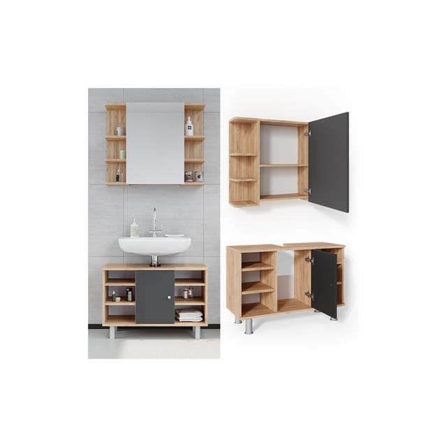 Vicco Badmöbel-Set Fynn Goldkraft Eiche/Anthrazit 2 Teile Unterschrank 80 cm