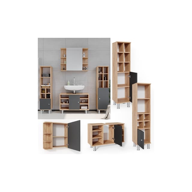 Vicco Badmöbel-Set Fynn Goldkraft Eiche/Anthrazit 4 Teile mit Midischränke