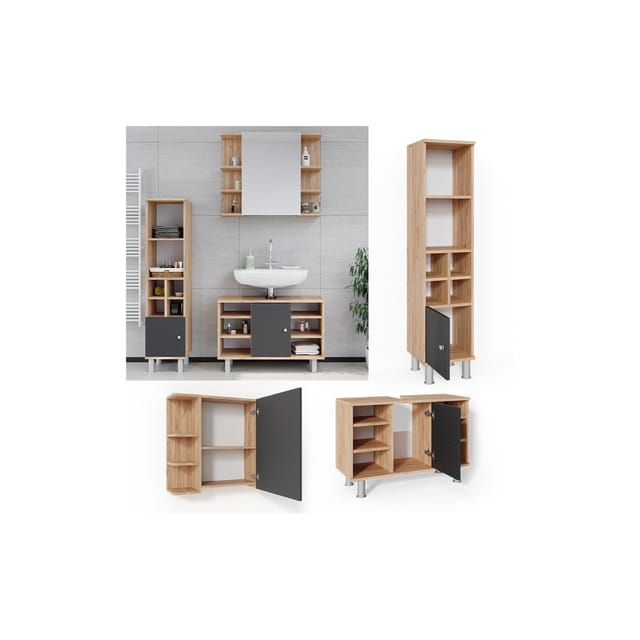 Vicco Badmöbel-Set Fynn Goldkraft Eiche/Anthrazit 3 Teile mit Midischrank Tür Klein