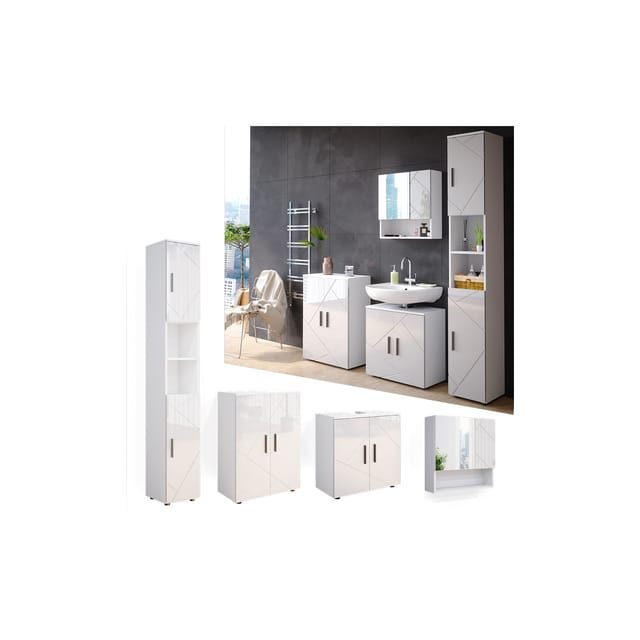 Vicco Badmöbel-Set Irma Weiß Hochglanz 4 Teile mit Hochschrank und Kommode