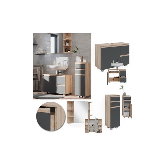 Vicco Badmöbel-Set J-Shape Sonoma/Anthrazit 3 Teile mit Midischrank