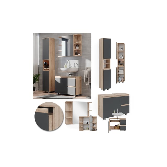 Vicco Badmöbel-Set J-Shape Sonoma/Anthrazit 3 Teile mit Hochschrank
