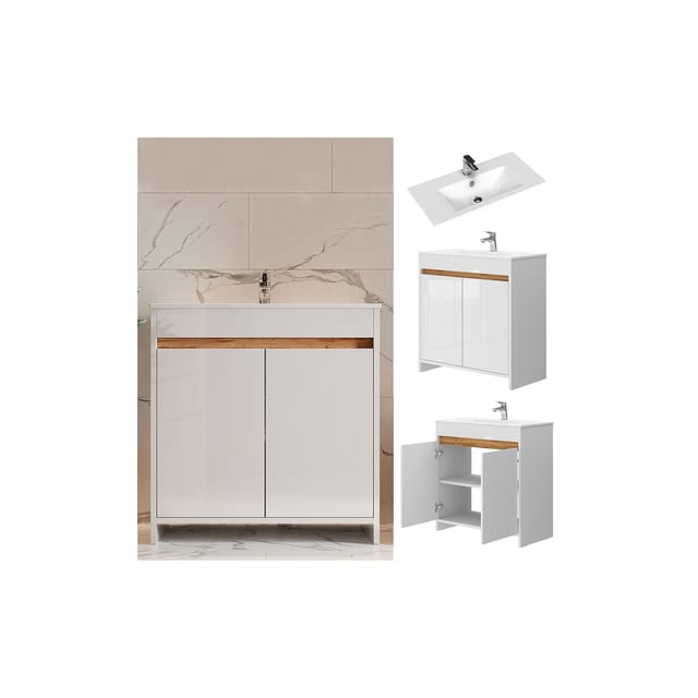 Vicco Badmöbel-Set Lemgo Weiß Hochglanz 2 Teile Unterschrank 80 cm