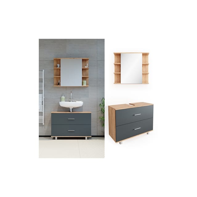 Vicco Badmöbel-Set Ilias Goldkraft Eiche/Anthrazit 2 Teile Unterschrank 80 cm