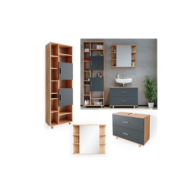 Vicco Badmöbel-Set Ilias Goldkraft Eiche/Anthrazit 3 Teile mit Hochschrank