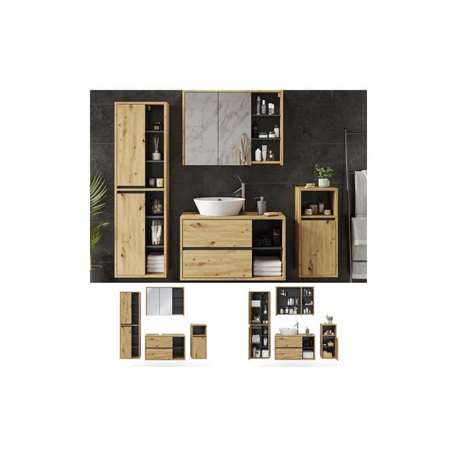 Vicco Badmöbel-Set Viola Goldkraft Eiche/Anthrazit 4 Teile