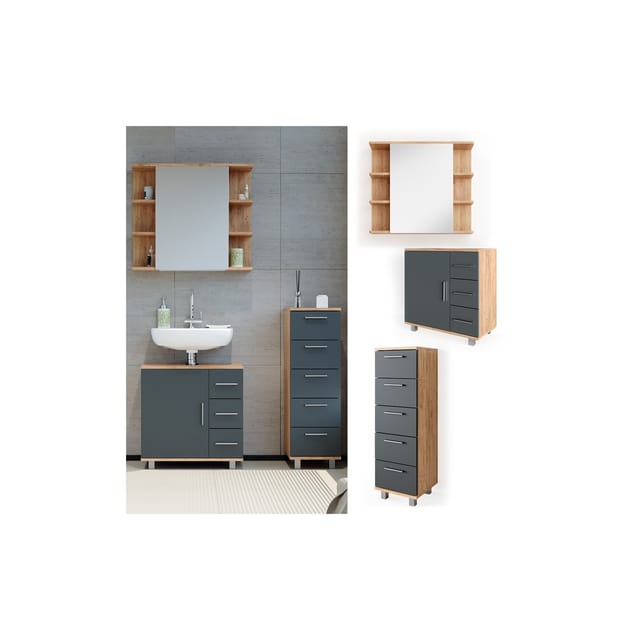 Vicco Badmöbel-Set Ilias Eiche/Anthrazit 3 Teile mit Midischrank