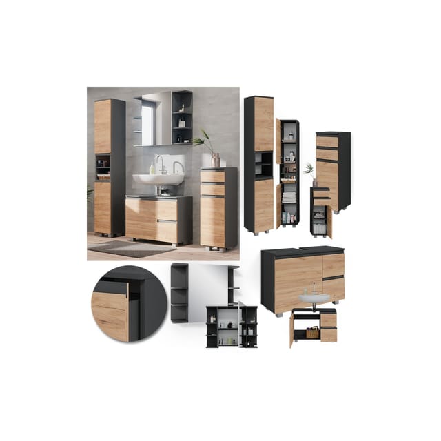 Vicco Badmöbel-Set J-Shape Anthrazit/Eiche 4 Teile