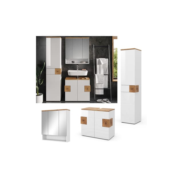 Vicco Badmöbel-Set Eden Weiß Hochglanz/Artisan-Eiche 3 Teile mit Hochschrank