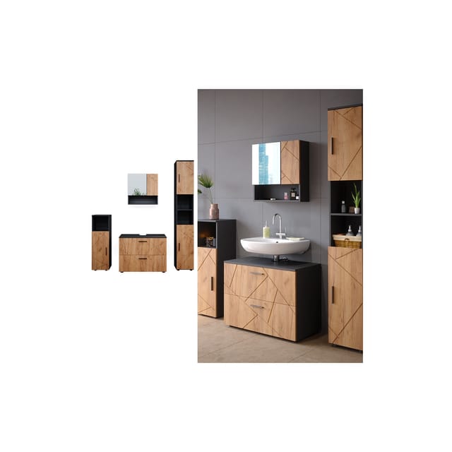 Vicco Badmöbel-Set Irma Anthrazit/Eiche 4 Teile mit Schubladenschrank und Hochschrank