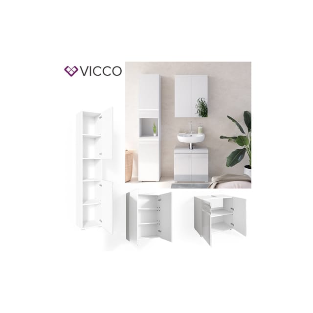Vicco Badmöbel-Set Freddy Weiß Hochglanz 3 Teile mit Hochschrank