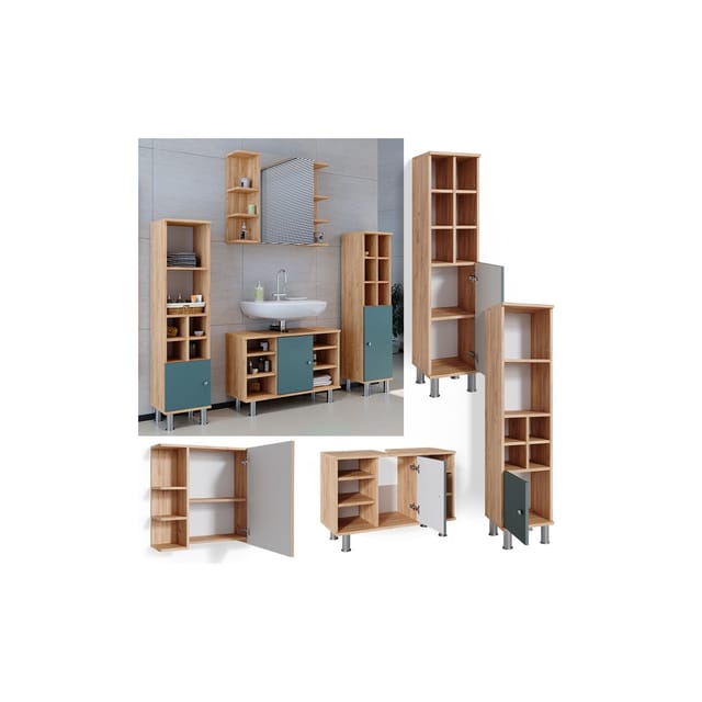 Vicco Badmöbel-Set Fynn Grün/Goldkraft Eiche 4 Teile mit Midischränke