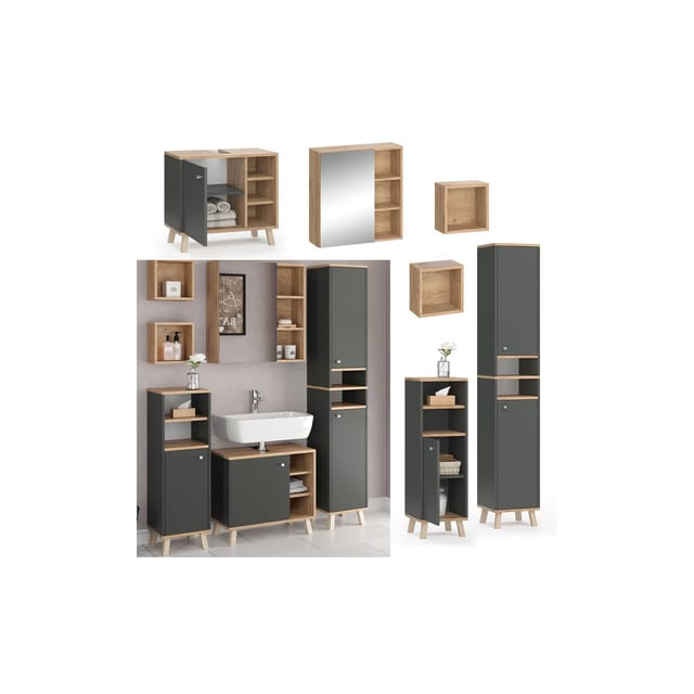 Vicco Badmöbel-Set Senyo Anthrazit/Goldkraft Eiche 5 Teile mit Hochschrank