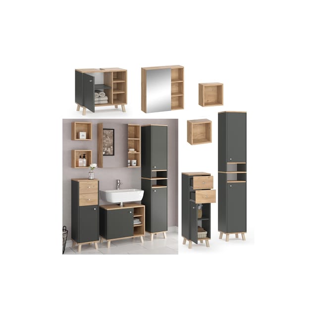 Vicco Badmöbel-Set Senyo Anthrazit/Goldkraft Eiche 5 Teile