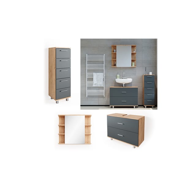 Vicco Badmöbel-Set Ilias Goldkraft Eiche/Anthrazit 3 Teile mit Unterschrank 80 cm