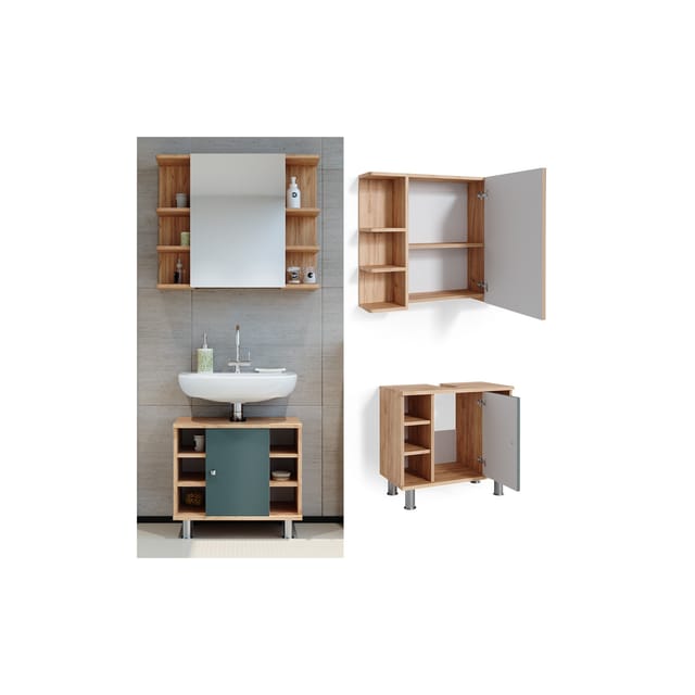 Vicco Badmöbel-Set Fynn Grün/Goldkraft Eiche 2 Teile