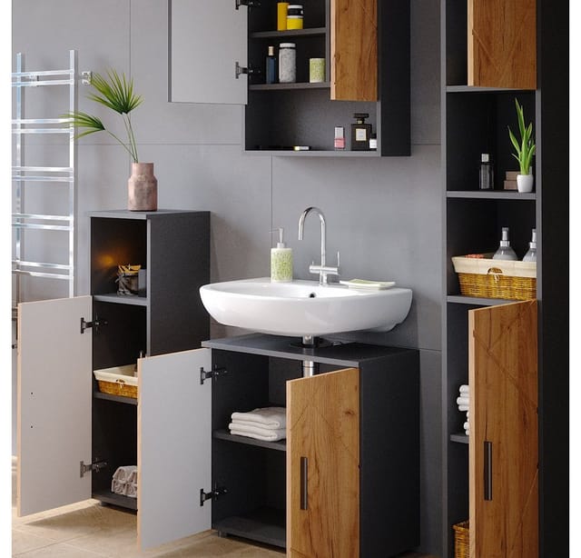 Vicco Badmöbel-Set Irma Anthrazit/Eiche 4 Teile mit Hochschrank