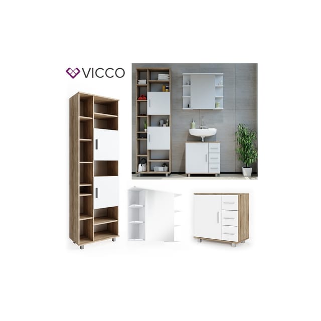 Vicco Badmöbel-Set Ilias Sonoma/Weiß 3 Teile mit Hochschrank