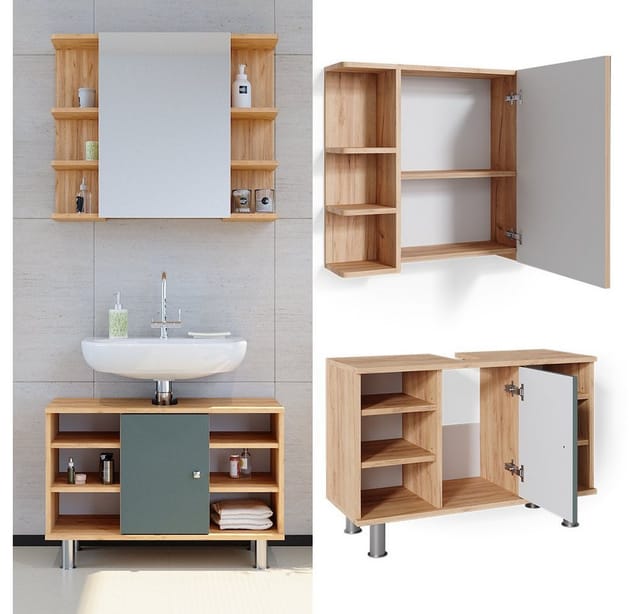 Vicco Badmöbel-Set Fynn Grün/Goldkraft Eiche 2 Teile Unterschrank 80 cm