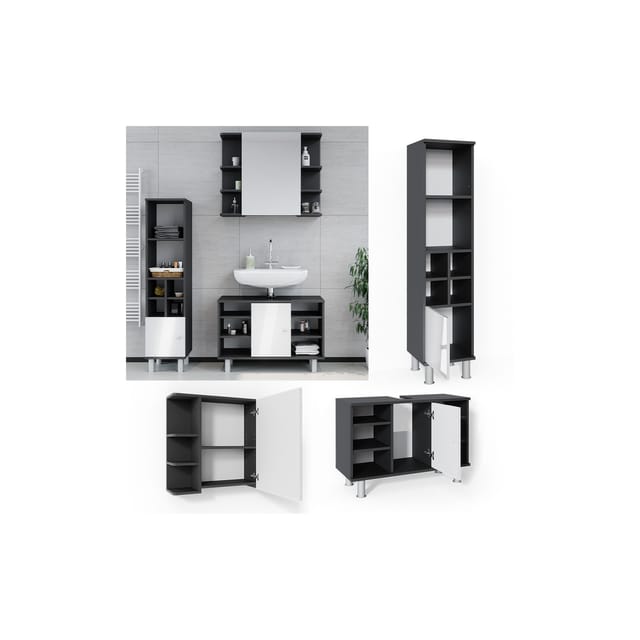Vicco Badmöbel-Set Fynn Anthrazit/Weiß 3 Teile mit Midischrank Tür Klein