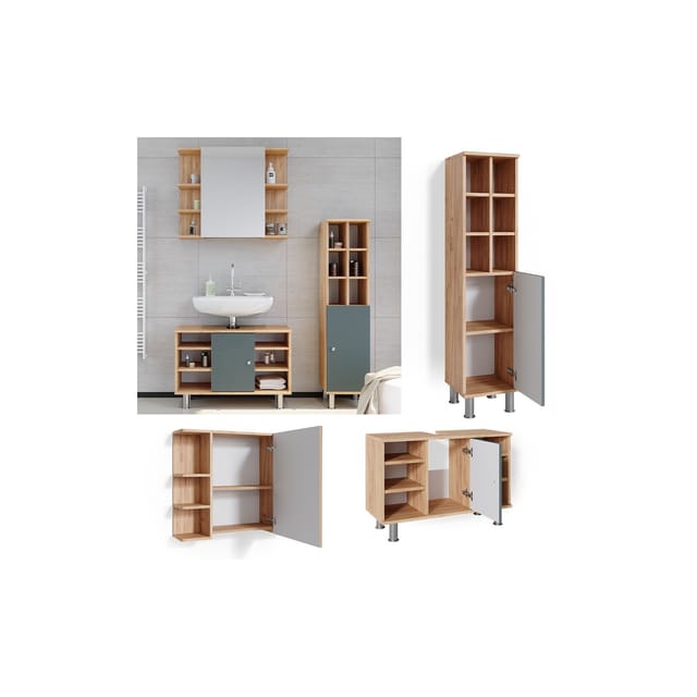 Vicco Badmöbel-Set Fynn Grün/Goldkraft Eiche 3 Teile mit Midischrank Tür Groß