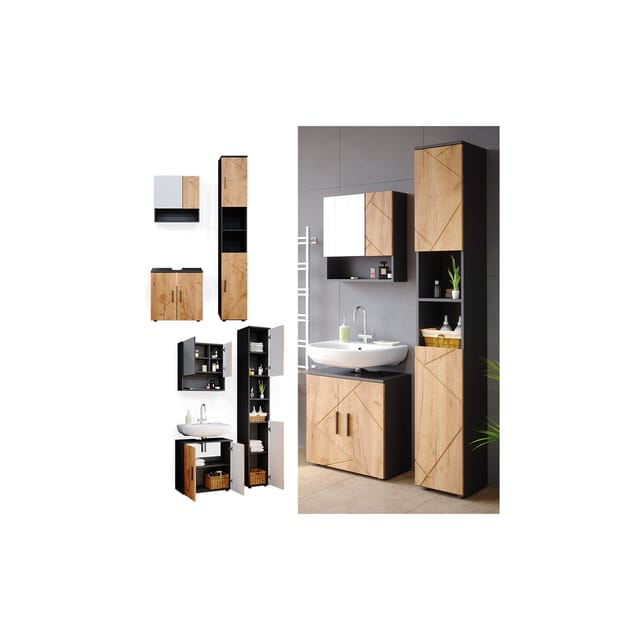 Vicco Badmöbel-Set Irma Anthrazit/Eiche 3 Teile mit Hochschrank