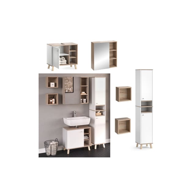 Vicco Badmöbel-Set Senyo Weiß/Sonoma 4 Teile mit Hochschrank