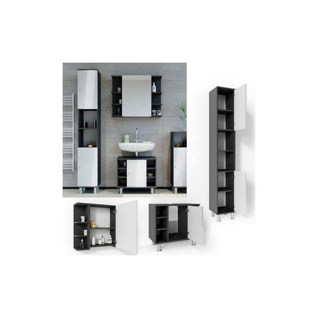 Vicco Badmöbel-Set Fynn Anthrazit/Weiß Hochglanz 3 Teile mit Hochschrank