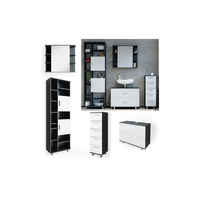 Vicco Badmöbel-Set Ilias Anthrazit/Weiß 4 Teile mit Hochschrank
