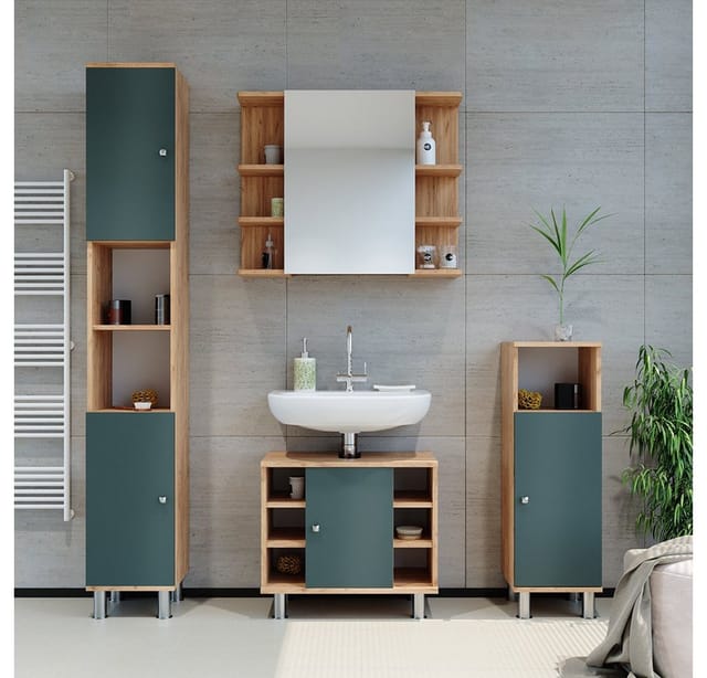 Vicco Badmöbel-Set Fynn Grün/Goldkraft Eiche 4 Teile