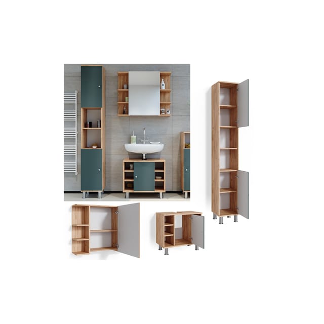Vicco Badmöbel-Set Fynn Grün/Goldkraft Eiche 3 Teile mit Hochschrank
