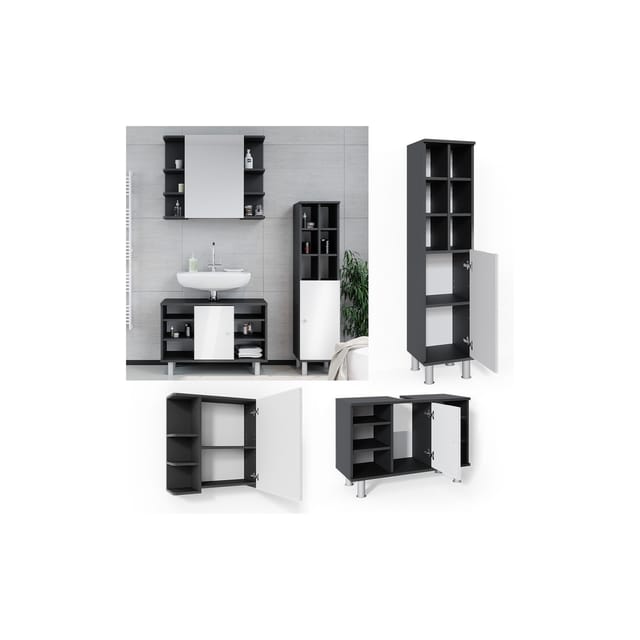 Vicco Badmöbel-Set Fynn Anthrazit/Weiß 3 Teile mit Midischrank Tür Groß