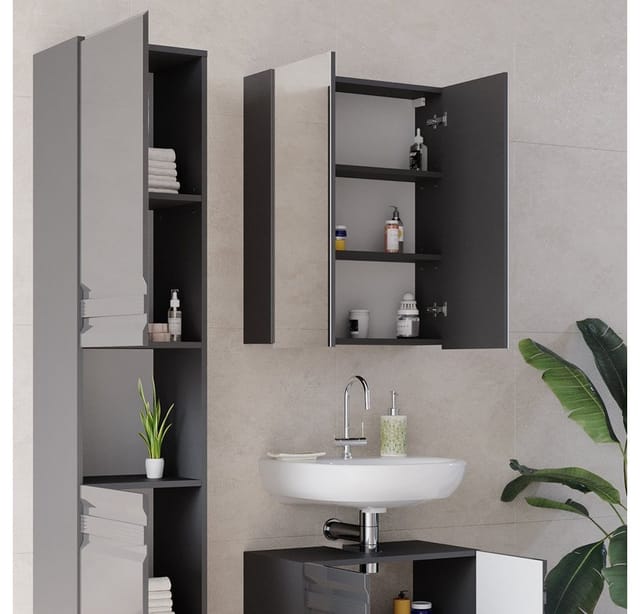 Vicco Badmöbel-Set Freddy Anthrazit Hochglanz 3 Teile mit Hochschrank