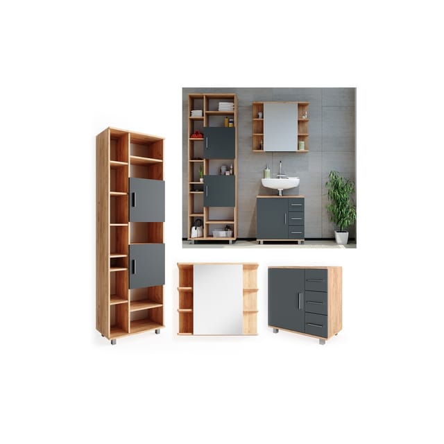 Vicco Badmöbel-Set Ilias Eiche/Anthrazit 3 Teile mit Unterschrank 60 cm