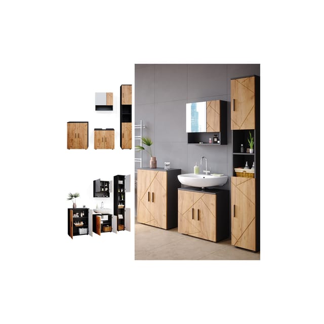Vicco Badmöbel-Set Irma Anthrazit/Eiche 4 Teile mit Hochschrank und Kommode