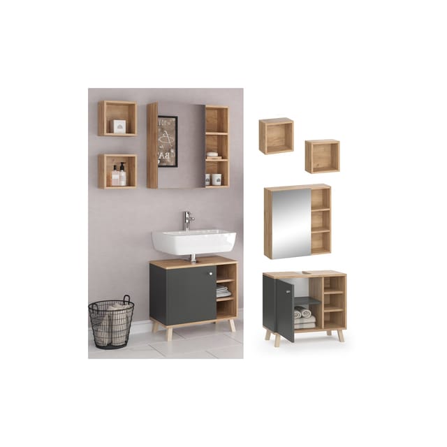 Vicco Badmöbel-Set Senyo Anthrazit/Goldkraft Eiche 3 Teile