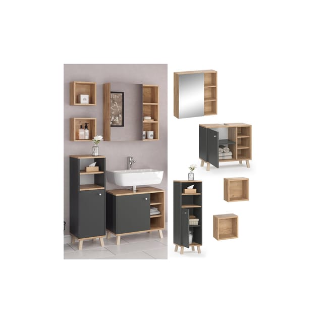 Vicco Badmöbel-Set Senyo Anthrazit/Goldkraft Eiche 4 Teile mit Hängeschrank
