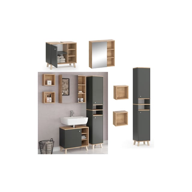Vicco Badmöbel-Set Senyo Anthrazit/Goldkraft Eiche 4 Teile mit Hochschrank