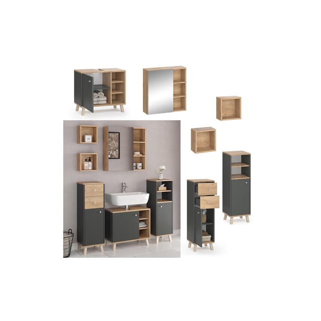 Vicco Badmöbel-Set Senyo Anthrazit/Goldkraft Eiche 5 Teile mit Regalen