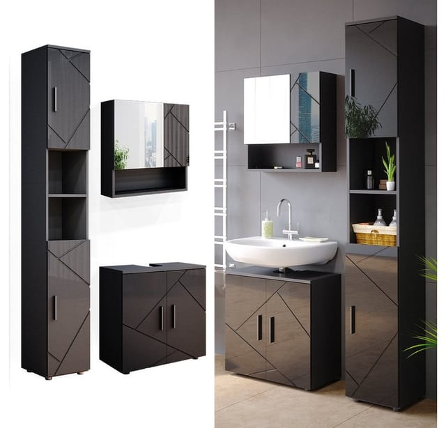 Vicco Badmöbel-Set Irma Anthrazit Hochglanz 3 Teile mit Hochschrank