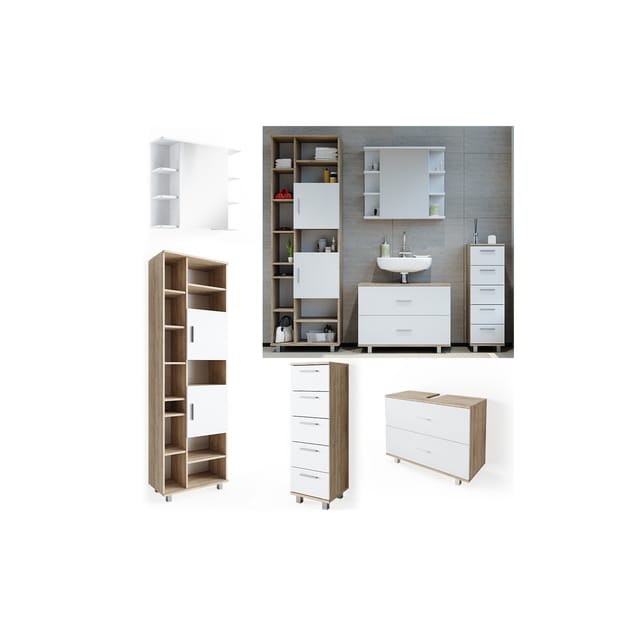 Vicco Badmöbel-Set Ilias Sonoma/Weiß 4 Teile mit Hochschrank