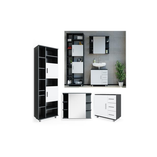 Vicco Badmöbel-Set Ilias Anthrazit/Weiß 3 Teile mit Unterschrank 60 cm