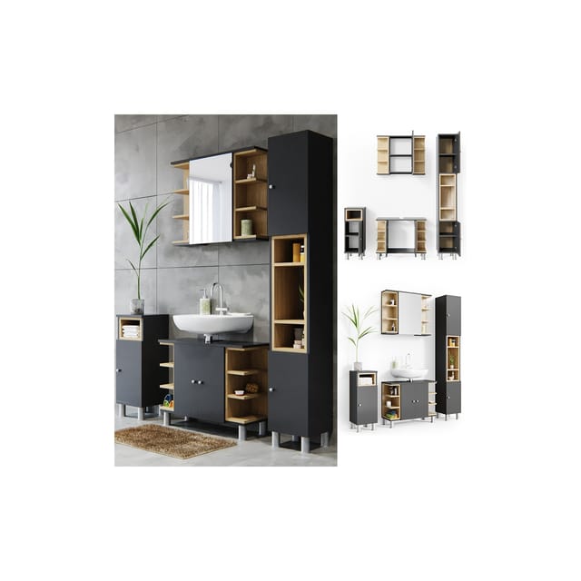 Vicco Badmöbel-Set Aquis Anthrazit/Eiche 4 Teile