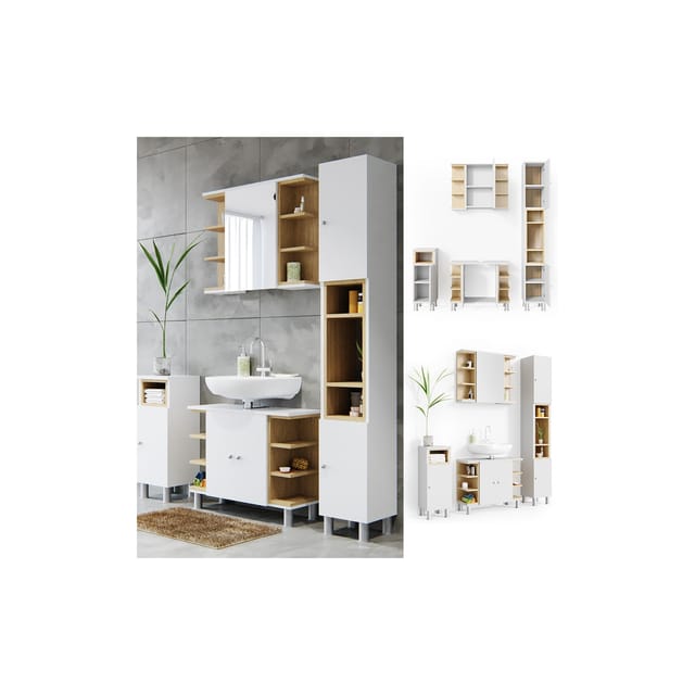 Vicco Badmöbel-Set Aquis Weiß/Eiche 4 Teile