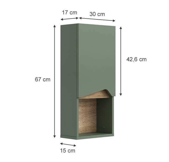 Vicco Badschrank Marelle Grün/Artisan 30 x 67 cm mit Tür und offenem Fach