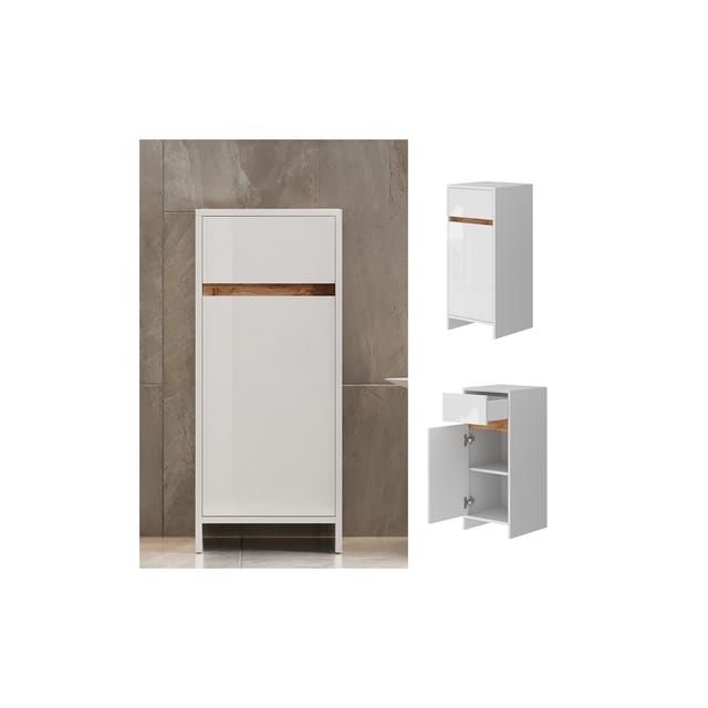 Vicco Midischrank Detmold Weiß Hochglanz/Goldkraft Eiche 35 x 82 cm mit Tür und Schublade
