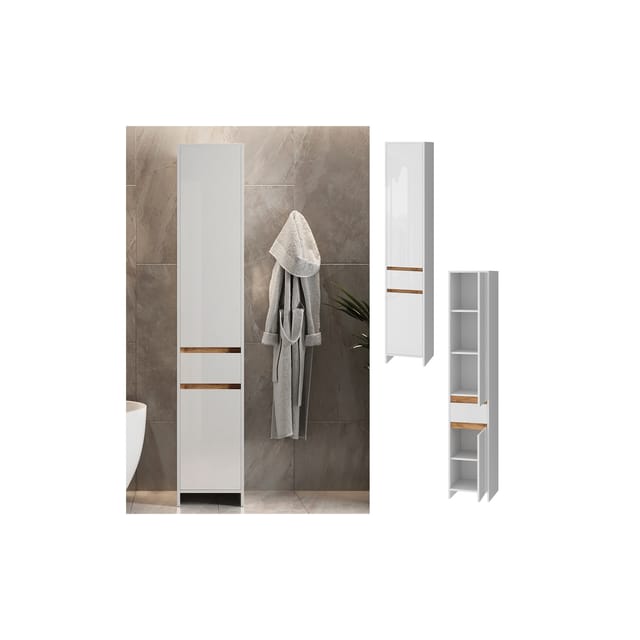 Vicco Badschrank Detmold Weiß Hochglanz/Goldkraft Eiche 35 x 190 cm mit 2 Türen und eine Schublade