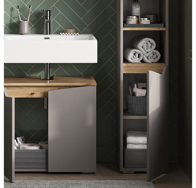 Vicco Badschrank Marelle Greige/Artisan-Eiche 30 x 180 cm mit Türen und Offenen Fächern