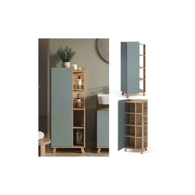 Vicco Midischrank Karen Sonoma/Blau-Grau 50 x 128 cm mit Tür und Offenen Fächern