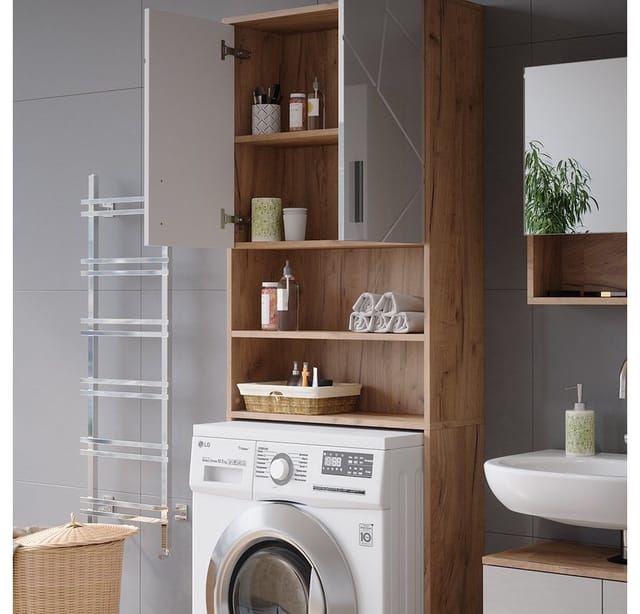 Vicco Waschmaschinenschrank Irma Weiß Hochglanz/Goldkraft Eiche 64 x 191 cm
